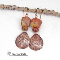 These earrings feature natural red creek jasper gemstones accented with handcrafted copper teardrop dangles. The stones have earthy hues of soft brick red, orange, golden yellow and streaks of brown and green. They'll make a great gift for a natural stone lover - or couples celebrating their 7th wedding anniversary - copper is the traditional choice for this occasion.