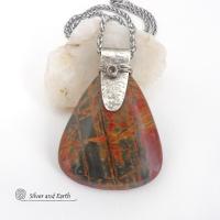 Large Red Creek Jasper Stone Sterling Silver Necklace 