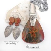 Large Red Creek Jasper Stone Sterling Silver Necklace 