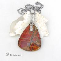 Large Red Creek Jasper Sterling Silver Necklace - Bold Earthy Natural Stone Jewelry