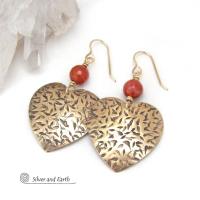 Gold Brass Heart Earrings with Faceted Red Jasper Gemstones - Romantic Jewelry Gifts for Women