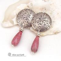 Sterling Silver Earrings with Pink Rhodonite Gemstones - Handmade Silver & Stone Jewelry