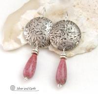 Sterling Silver Earrings with Pink Rhodonite Gemstones - Handmade Silver & Stone Jewelry
