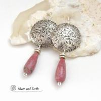 Sterling Silver Earrings with Pink Rhodonite Gemstones - Handmade Silver & Stone Jewelry
