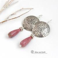 Sterling Silver Earrings with Pink Rhodonite Gemstones - Handmade Silver & Stone Jewelry