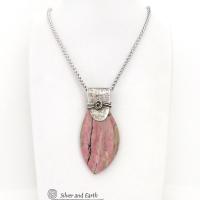 Large Pink Rhodonite Sterling Silver Necklace - Unique One of a Kind Natural Gemstone Jewelry