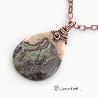 Copper Wire Wrapped Rhyolite Jasper Stone Pendant Necklace - Earthy Boho One of a Kind Natural Gemstone Jewelry