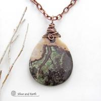 Copper Wire Wrapped Rhyolite Jasper Stone Pendant Necklace - Earthy Boho One of a Kind Natural Gemstone Jewelry