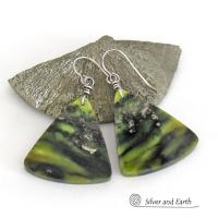 Green Serpentine Gemstone Earrings - One of a Kind Earthy Natural Stone Jewelry