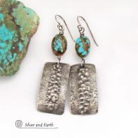 These handcrafted sterling silver earrings have a rustic, hammered and bumpy texture and are accented with natural turquoise stone nuggets.They have an earthy organic style with a modern, edgy flair that makes a bold statement.