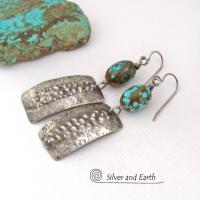 Textured Sterling Silver Earrings with Earthy Natural Turquoise Stones - Edgy Modern Organic Style Jewelry