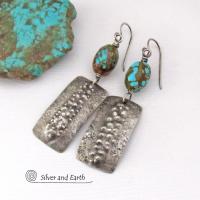 These handcrafted sterling silver earrings have a rustic, hammered and bumpy texture and are accented with natural turquoise stone nuggets.They have an earthy organic style with a modern, edgy flair that makes a bold statement.