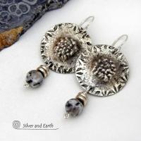 Textured Sterling Silver Earrings with Granite Agate Gemstones - Artisan Handcrafted Bold Contemporary Modern Jewelry