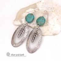 Sterling Silver Long Hoop Dangle Earrings with Turquoise Stones and Feathers - Southwest Style Jewelry