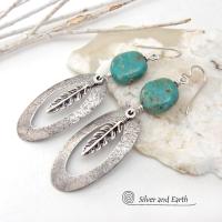 Sterling Silver Long Hoop Dangle Earrings with Turquoise Stones and Feathers - Southwest Style Jewelry