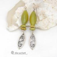 Sterling Silver Leaf Dangle Earrings with Green Serpentine Gemstones - Modern Earthy Nature Jewelry