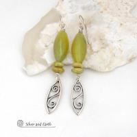 Sterling Silver Leaf Dangle Earrings with Green Serpentine Gemstones - Modern Earthy Nature Jewelry