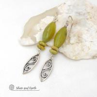 Sterling Silver Leaf Dangle Earrings with Green Serpentine Gemstones - Modern Earthy Nature Jewelry