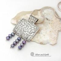 Sterling Silver Necklace with Dangling Blue Freshwater Pearls - Modern Elegant Dressy Jewelry