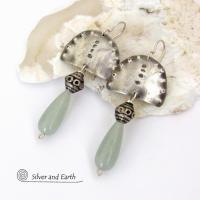 Sterling Silver Earrings with Green Aventurine Gemstones - Unique Funky Bohemian Tribal Jewelry