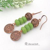 Textured Copper Dangle Earrings with Green Serpentine Gemstones and Filigree Beads - Earthy Modern Boho Chic Artisan Handmade Jewelry