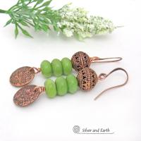 Textured Copper Dangle Earrings with Green Serpentine Gemstones and Filigree Beads - Earthy Modern Boho Chic Artisan Handmade Jewelry