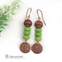 Textured Copper Dangle Earrings with Green Serpentine Gemstones and Filigree Beads - Earthy Modern Boho Chic Artisan Handmade Jewelry