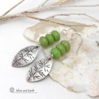 These earrings feature handcrafted small solid sterling silver leaves with a hand stamped texture accented with a stack of natural green serpentine gemstones. Lightweight and comfortable to wear - they have an earthy, natural style and will make a great gift for a nature lover or a nice addition to your own jewelry wardrobe.
