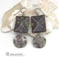 Textured Sterling Silver Earrings with Green Black Spotted Jasper Stones - Artisan Handcrafted Earthy Natural Stone Jewelry