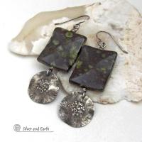 Textured Sterling Silver Earrings with Green Black Spotted Jasper Stones - Artisan Handcrafted Earthy Natural Stone Jewelry