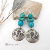 These handcrafted earrings feature sterling silver dangles with a hand stamped texture accented with a stack of round and uniquely "bow shaped" genuine natural turquoise stones. Bold and striking, they have an earthy modern rustic vibe with southwest style and flair that will look great with all types of outfits.  These earrings are perfect for women that love natural stones and unique, one-of-a-kind statement jewelry.