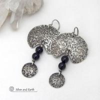 Hammered Oxidized Sterling Silver Earrings with Black Onyx Gemstones - Bold Edgy Modern Silver Jewelry