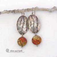 Textured Sterling Silver Oval Dangle Earrings with Dangling Red Creek Jasper Stones