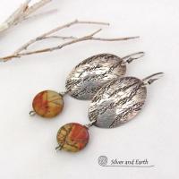 Textured Sterling Silver Oval Dangle Earrings with Dangling Red Creek Jasper Stones