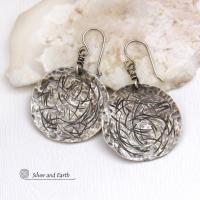 Modern Oxidized Sterling Silver Earrings with Hammered and Hand Stamped Texture