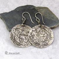Contemporary Modern Oxidized Sterling Silver Earrings with Hammered and Hand Stamped Texture