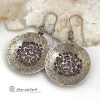 Bold, earthy and modern - these sterling silver dangle earrings are perfect for everyday wear. A classic staple for every jewelry lover's wardrobe - because they go with everything! Handcrafted entirely in solid sterling silver. I created the shapes out of sterling silver sheet; hammered and stamped the metal to create the rustic, organic texture; then oxidized them to enhance the detail. Handmade in the USA by Silver and Earth Jewelry.