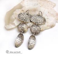 Hammered Sterling Silver Triple Dangle Earrings - Contemporary Modernist Artisan Jewelry