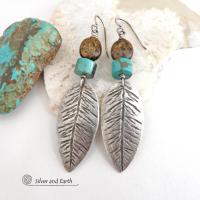 These handcrafted sterling silver feather earrings have a hand stamped texture and are accented with turquoise and bronzite stones which bring out the natural brown matrix in the turquoise stones. They have a native southwestern vibe that makes a bold statement. Perfect for anyone that loves the southwest style. Earrings measure 2-7/8" in length. Handmade exclusively by Silver and Earth. 