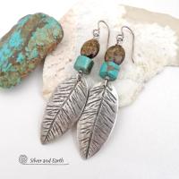 These handcrafted sterling silver feather earrings have a hand stamped texture and are accented with turquoise and bronzite stones which bring out the natural brown matrix in the turquoise stones. They have a native southwestern vibe that makes a bold statement. Perfect for anyone that loves the southwest style. Earrings measure 2-7/8" in length. Handmade exclusively by Silver and Earth. 