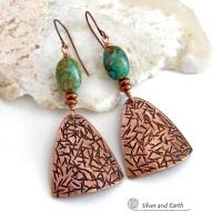 These handcrafted copper earrings have a hand stamped texture and are accented with natural turquoise stones and tiny copper beads. The turquoise is a beautiful shade of greenish-blue with an earthy, natural copper matrix. They have a modern style with a touch of southwest flair that coordinates beautifully with all types of wardrobes. They'll make a great gift for couples celebrating their seventh wedding anniversary - copper is the traditional choice for this occasion. 