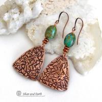 These handcrafted copper earrings have a hand stamped texture and are accented with natural turquoise stones and tiny copper beads. The turquoise is a beautiful shade of greenish-blue with an earthy, natural copper matrix. They have a modern style with a touch of southwest flair that coordinates beautifully with all types of wardrobes. They'll make a great gift for couples celebrating their seventh wedding anniversary - copper is the traditional choice for this occasion. 