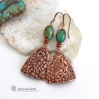 These handcrafted copper earrings have a hand stamped texture and are accented with natural turquoise stones and tiny copper beads. The turquoise is a beautiful shade of greenish-blue with an earthy, natural copper matrix. They have a modern style with a touch of southwest flair that coordinates beautifully with all types of wardrobes. They'll make a great gift for couples celebrating their seventh wedding anniversary - copper is the traditional choice for this occasion. 