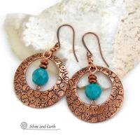 These handcrafted copper hoops have a hand stamped texture and are accented with faceted natural turquoise gemstones dangling in front. Perfect for all wardrobes types - they have a trendy modern style with a touch of southwestern flair. Perfect for women that love to make a bold statement and appreciate artisan handcrafted unique jewelry. Handmade in the USA by Silver and Earth Jewelry. Your choice of ear wires - copper or hypoallergenic niobium. 