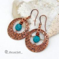 These handcrafted copper hoops have a hand stamped texture and are accented with faceted natural turquoise gemstones dangling in front. Perfect for all wardrobes types - they have a trendy modern style with a touch of southwestern flair. Perfect for women that love to make a bold statement and appreciate artisan handcrafted unique jewelry. Handmade in the USA by Silver and Earth Jewelry. Your choice of ear wires - copper or hypoallergenic niobium. 