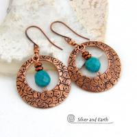 These handcrafted copper hoops have a hand stamped texture and are accented with faceted natural turquoise gemstones dangling in front. Perfect for all wardrobes types - they have a trendy modern style with a touch of southwestern flair. Perfect for women that love to make a bold statement and appreciate artisan handcrafted unique jewelry. Handmade in the USA by Silver and Earth Jewelry. Your choice of ear wires - copper or hypoallergenic niobium. 