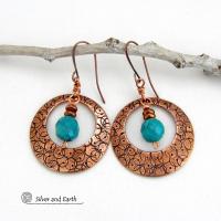 These handcrafted copper hoops have a hand stamped texture and are accented with faceted natural turquoise gemstones dangling in front. Perfect for all wardrobes types - they have a trendy modern style with a touch of southwestern flair. Perfect for women that love to make a bold statement and appreciate artisan handcrafted unique jewelry. Handmade in the USA by Silver and Earth Jewelry. Your choice of ear wires - copper or hypoallergenic niobium. 