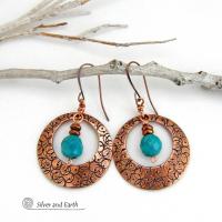 These handcrafted copper hoops have a hand stamped texture and are accented with faceted natural turquoise gemstones dangling in front. Perfect for all wardrobes types - they have a trendy modern style with a touch of southwestern flair. Perfect for women that love to make a bold statement and appreciate artisan handcrafted unique jewelry. Handmade in the USA by Silver and Earth Jewelry. Your choice of ear wires - copper or hypoallergenic niobium. 
