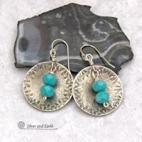 Round Sterling Silver Dangle Earrings with Faceted Blue Glass Crystal Beads - Modern Elegant Jewelry