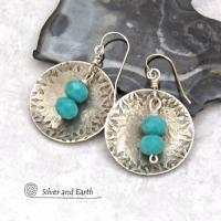 Round Sterling Silver Dangle Earrings with Faceted Blue Glass Crystal Beads - Modern Elegant Jewelry